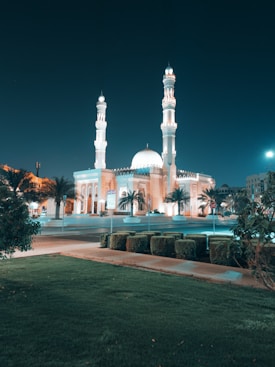 A beautifully lit mosque with two tall minarets and a central dome, surrounded by palm trees and manicured bushes. The lighting gives the structure a serene and majestic appearance against a dark night sky.