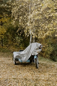 A vintage motorcycle parked beside a rustic garage with autumn leaves around.