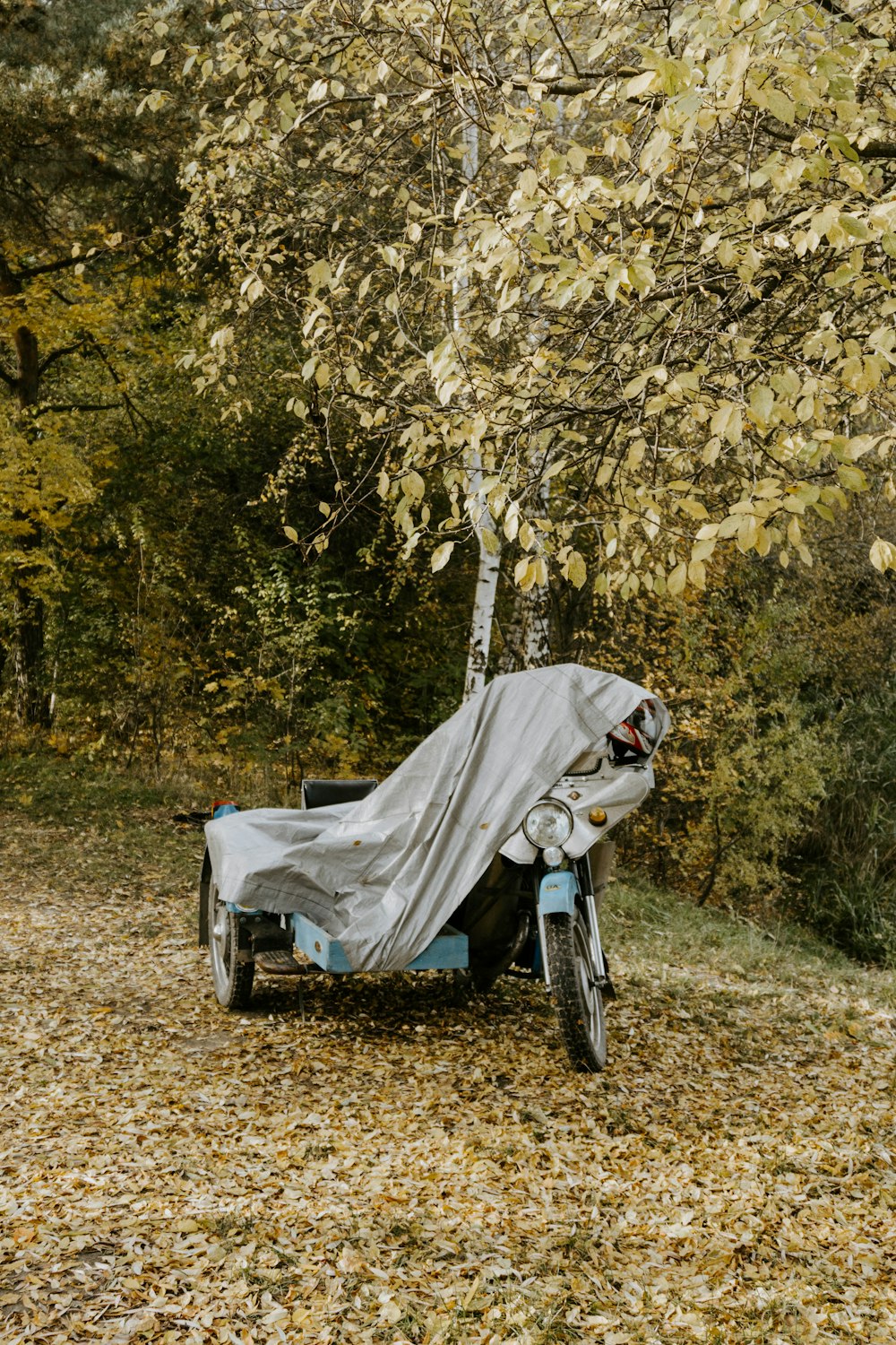 a motorcycle covered with a tarp in a wooded area