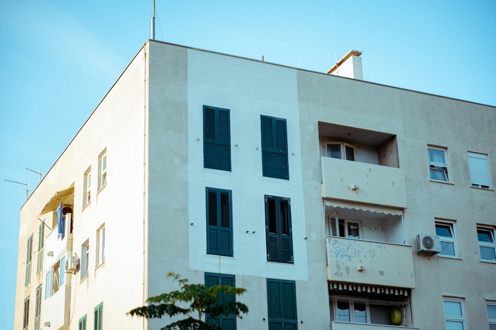 a tall white building with green shutters next to a tree