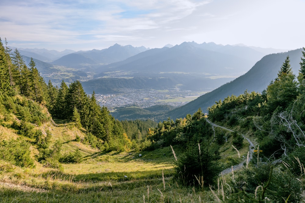 a scenic view of a valley with mountains in the background