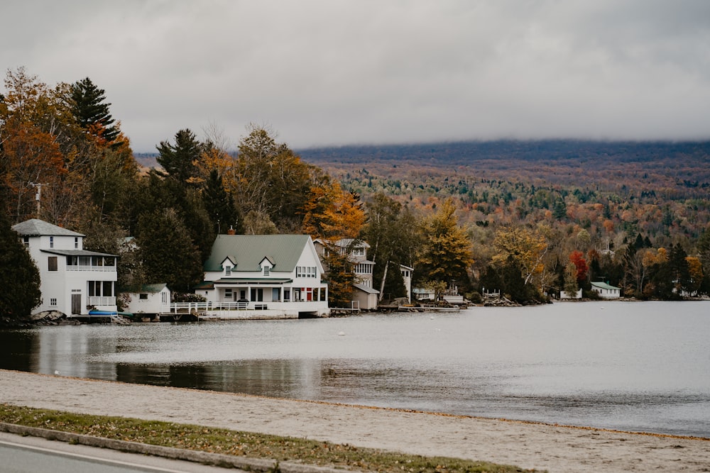 a body of water surrounded by trees and houses