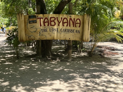 A wooden sign with the text 'TABYANA' and 'THE LOST CARIBBEAN' is displayed. The sign is set against a backdrop of lush green foliage, including palm trees. The ground is sandy, suggesting a tropical or beach setting.