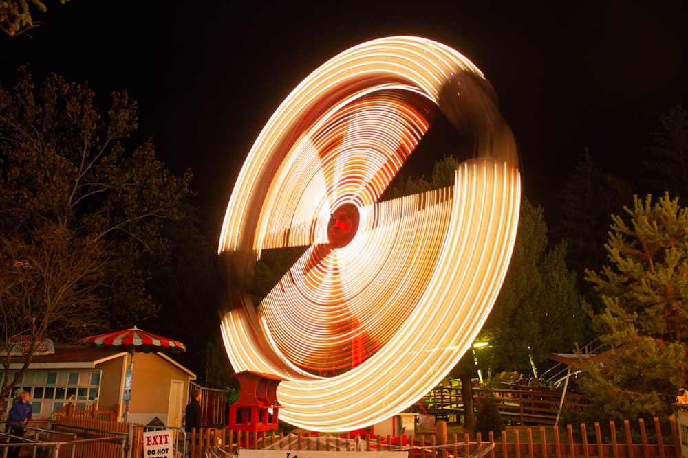 a ferris wheel spinning in the night sky