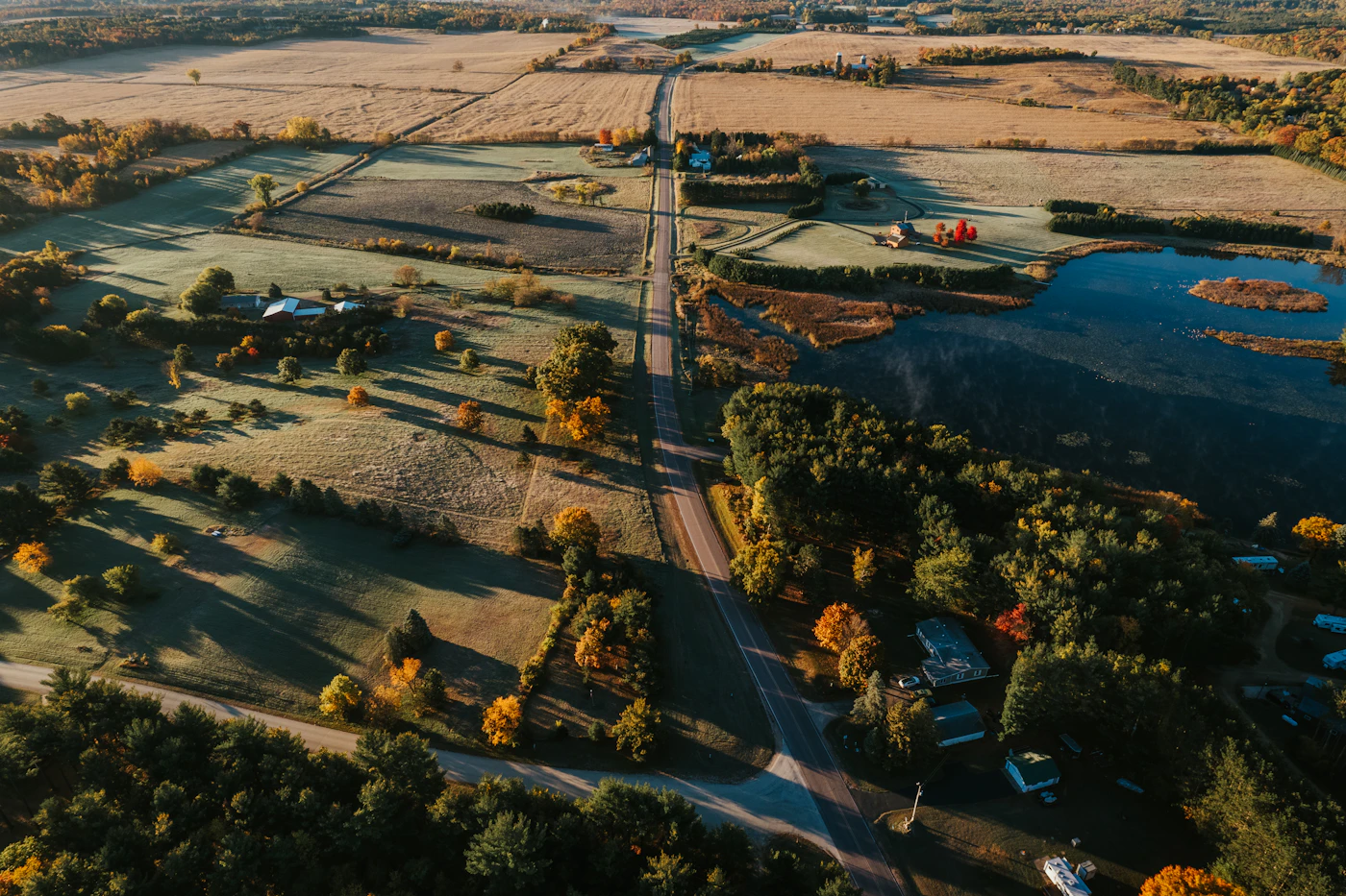 Aerial view of rural land with a river