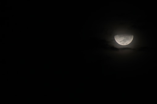 the moon is seen through the clouds in the dark sky