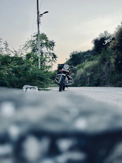 A line of motorcycles parked beside a quiet country road surrounded by trees.