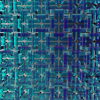 Stylized geometric shapes forming a digital mesh with shifting gradients of indigo and electric blue.