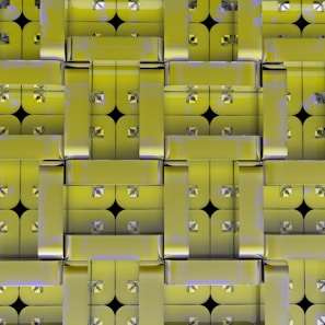 A geometric pattern composed of interlocking rectangular shapes with rounded corners. The glossy surface reflects light, creating a metallic and futuristic appearance. Small pyramid-like structures are embedded at regular intervals.