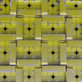 A geometric pattern composed of interlocking rectangular shapes with rounded corners. The glossy surface reflects light, creating a metallic and futuristic appearance. Small pyramid-like structures are embedded at regular intervals.