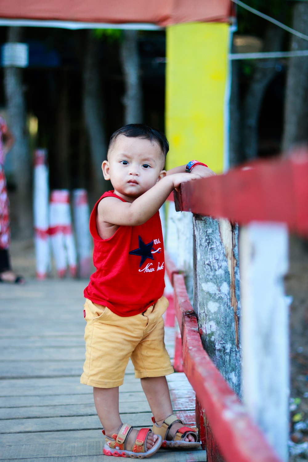 a little boy standing on a wooden bridge