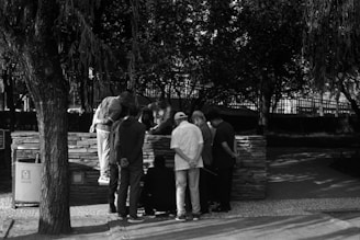 A group of people is gathered closely around a low stone wall in a park. Some individuals are standing while others are seated or leaning on the wall. The scene is shaded by trees, and the sunlight creates patterns of light and shadow on the ground. The atmosphere appears relaxed yet focused, suggesting a communal activity or shared interest.