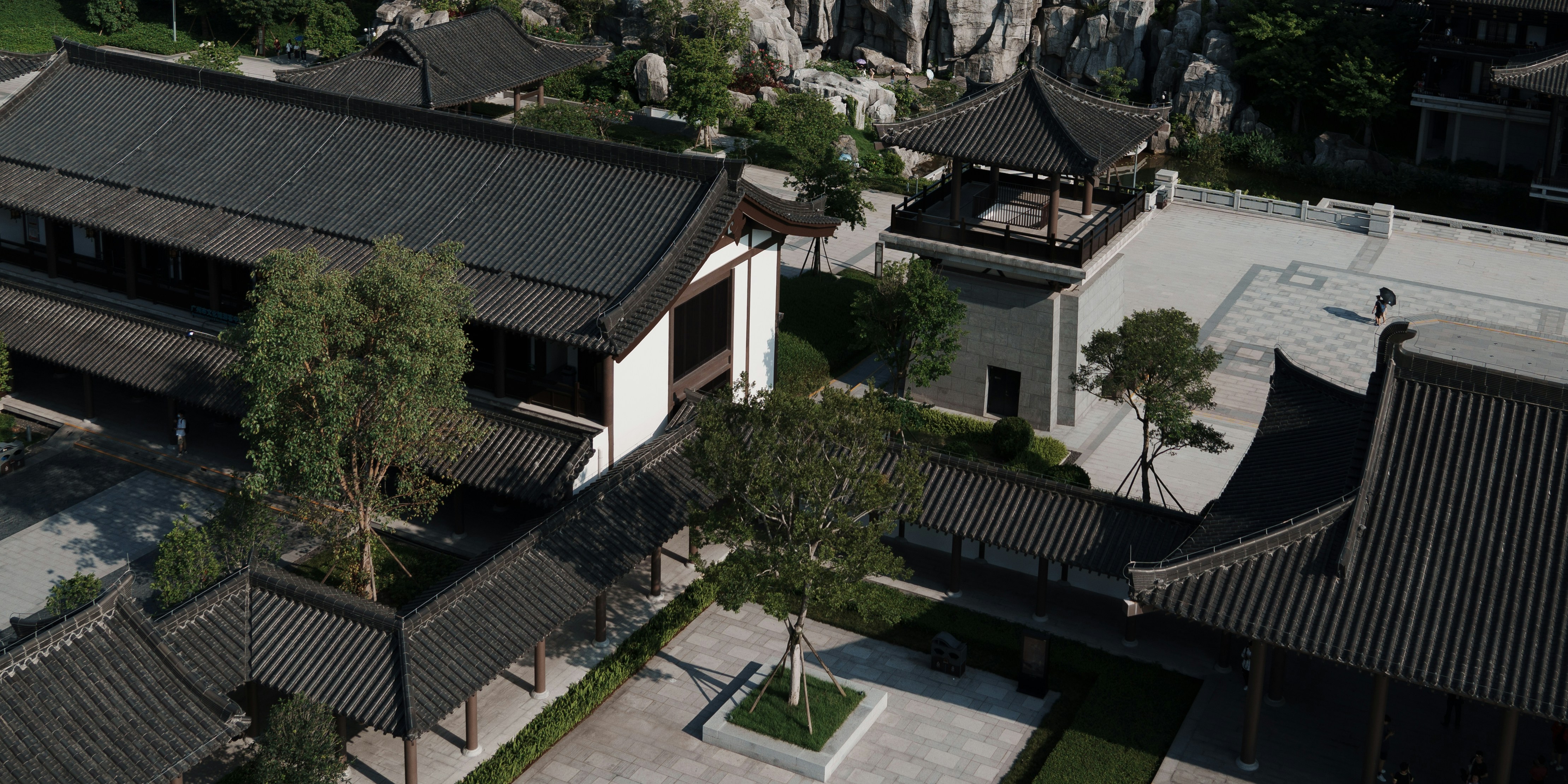 an aerial view of a chinese style house
