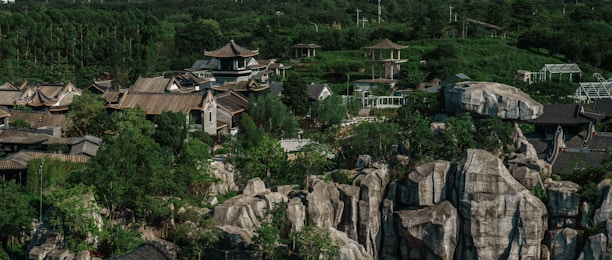 A scenic view of a lush green landscape with traditional Vietnamese architecture in the background.