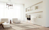 Bright and airy living room with minimalist luxury design and organized shelves.