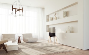 A clutter-free living room with minimalist decor and well-organized storage solutions.