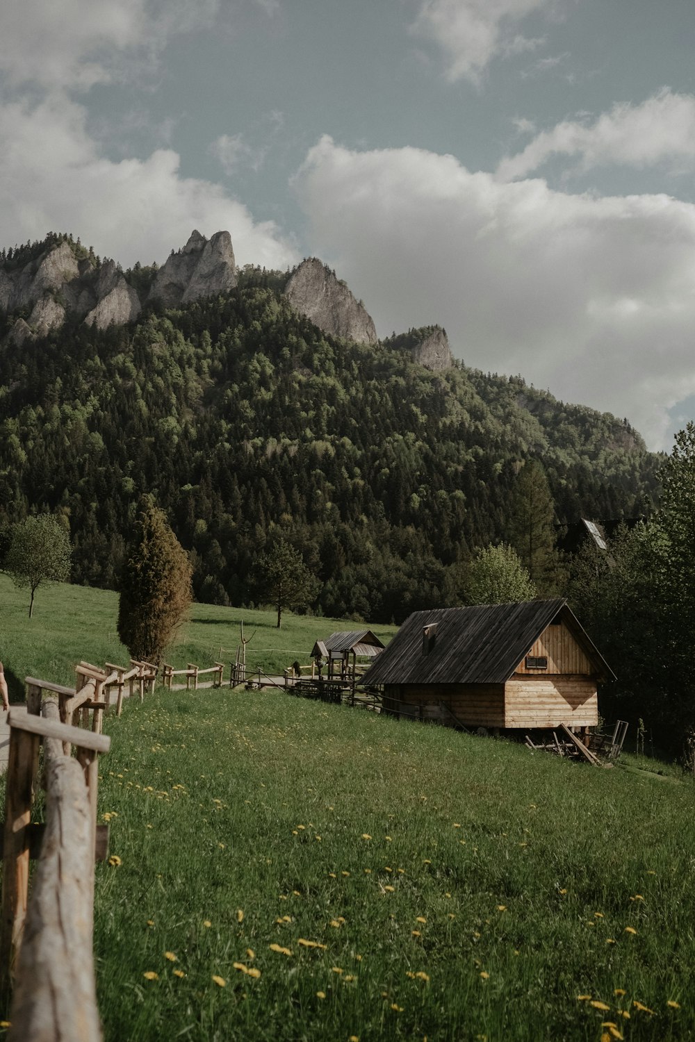 a small cabin in a field with mountains in the background