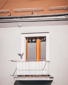 A section of a building's exterior features a metal roof with three pigeons perched near the edge. Below, a window with closed blinds is framed by orange-brown materials, and a small balcony with a netting barrier casts a shadow on the wall. A bird's shadow is visible near the balcony, suggesting motion.