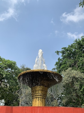 A large water fountain with a golden base and a wide circular brim. Water is cascading over the sides and sprouting upwards, surrounded by lush green trees and under a clear blue sky.