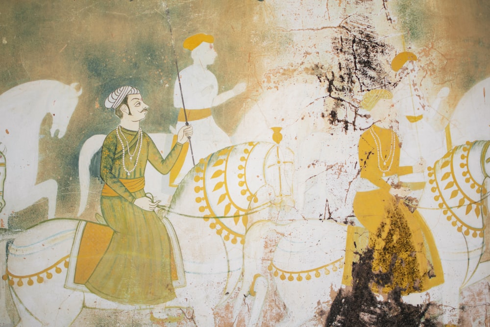 a painting of a man riding a horse next to a woman