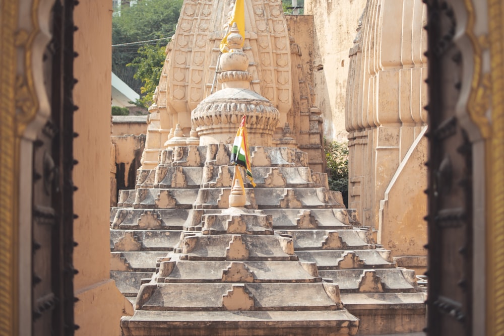 a view of a temple through a window