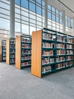 A modern law office with bookshelves filled with legal books.