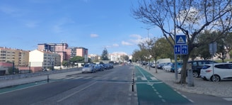 A city street lined with parked cars on the right side and a dedicated bike lane. Buildings with various architectural styles are visible in the background, along with several tall trees. The sky is mostly clear with a few clouds, and traffic signs are present beside the road.