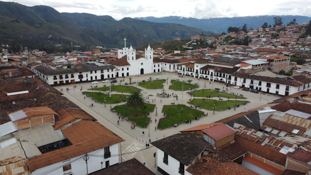 an aerial view of a city with a church in the center