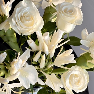 Close-up of a bright bouquet featuring red roses and white lilies in natural light