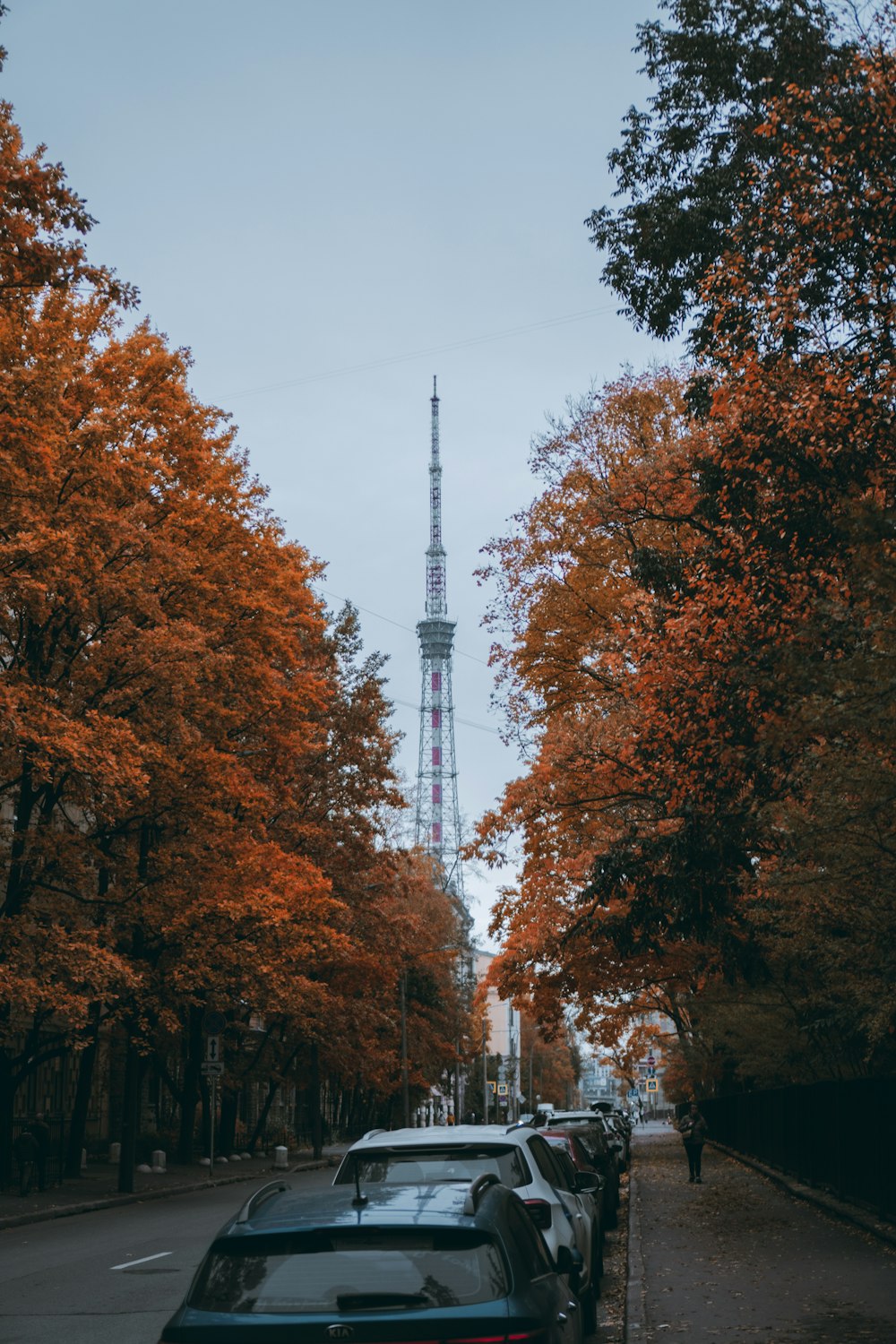 a street lined with parked cars in front of a tall tower