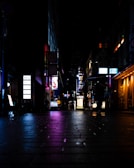 A shadowy alley lit by flickering neon signs, with silhouettes of partygoers moving through the mist.