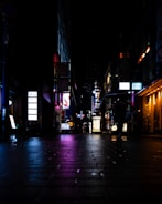 Monochrome shot of a gritty city alley illuminated by neon red signs.