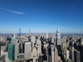 A panoramic view of a dense city skyline featuring numerous skyscrapers of varying architectural styles against a clear blue sky. The image includes modern glass towers mixed with older, more ornate buildings. A river is visible in the distance, framing the urban landscape.