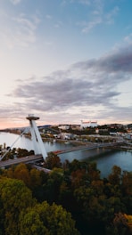 an aerial view of a bridge over a river