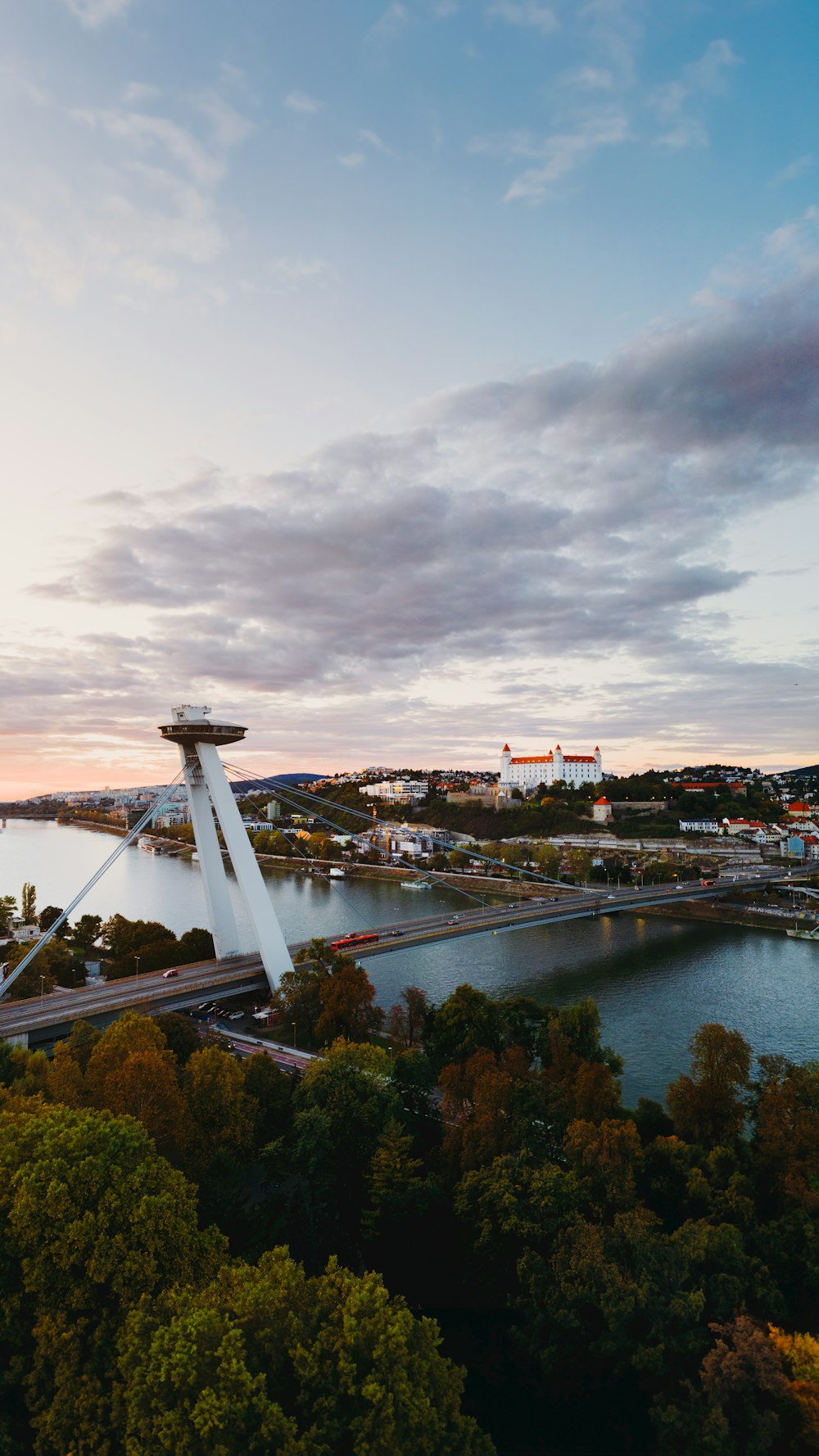 an aerial view of a bridge over a river