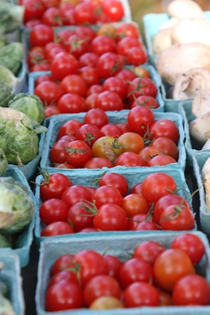 Close-up of ripe tomatoes and leafy greens arranged neatly in baskets.