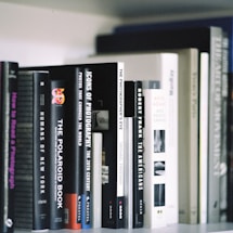 A collection of photography books neatly arranged on a shelf. The titles visible include 'Humans of New York,' 'The Polaroid Book,' 'Icons of Photography,' and 'The Photographer's Eye.' The books are of varying sizes and colors, predominantly in shades of black, white, and gray.