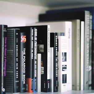 A collection of photography books neatly arranged on a shelf. The titles visible include 'Humans of New York,' 'The Polaroid Book,' 'Icons of Photography,' and 'The Photographer's Eye.' The books are of varying sizes and colors, predominantly in shades of black, white, and gray.