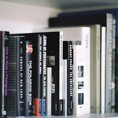 A collection of photography books neatly arranged on a shelf. The titles visible include 'Humans of New York,' 'The Polaroid Book,' 'Icons of Photography,' and 'The Photographer's Eye.' The books are of varying sizes and colors, predominantly in shades of black, white, and gray.