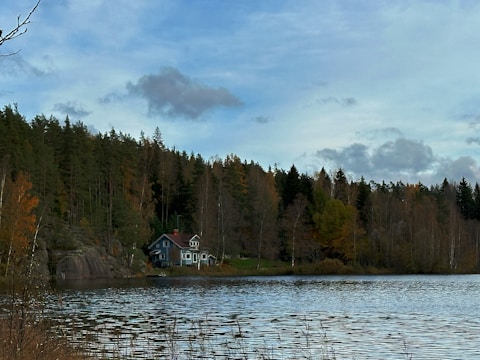 A serene lakeside scene with a blue and white house nestled among dense trees. The water is calm, reflecting the overcast sky. Autumn foliage is visible on trees, ranging in color from green to brown. Tall pines and birches contribute to the landscape's tranquility.