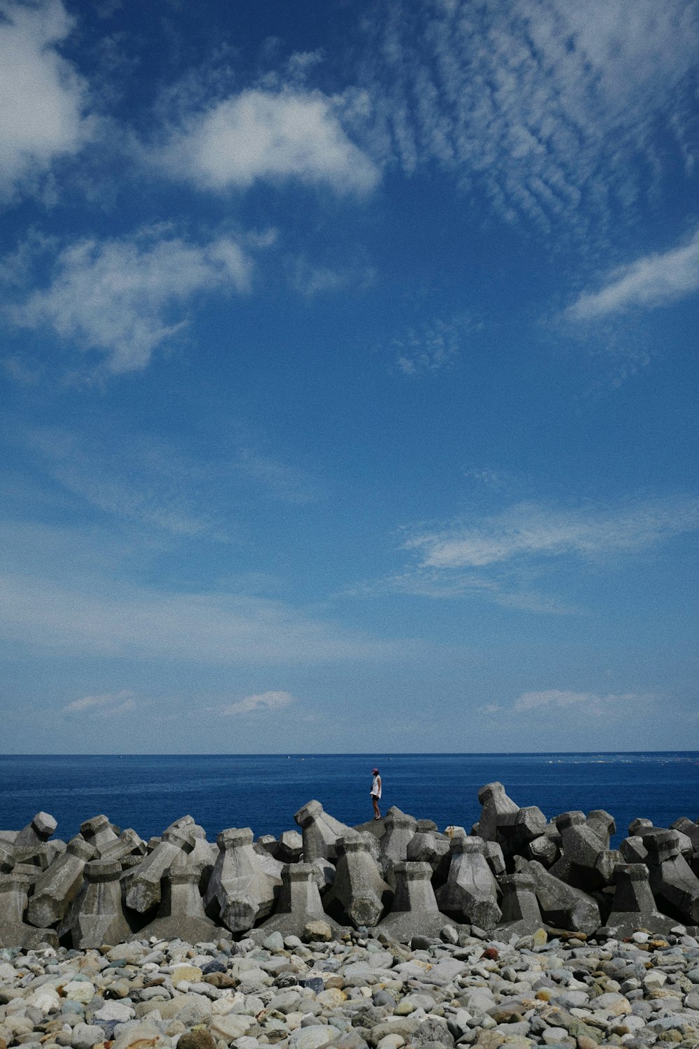 a person standing on a rocky beach next to the ocean