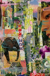 a collage of a woman's face surrounded by words and images