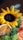 A vibrant arrangement featuring a sunflower with bright yellow petals and a dark center, surrounded by slices of dried orange, green foliage, and orange flowers. The composition includes a contrast of colors and textures, creating a lively and cheerful display.