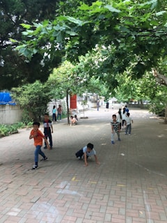 A group of children playing together in a schoolyard, surrounded by trees and colorful playground equipment.