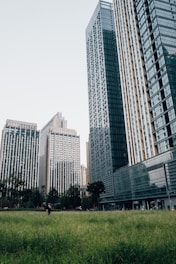 a couple of tall buildings sitting next to each other