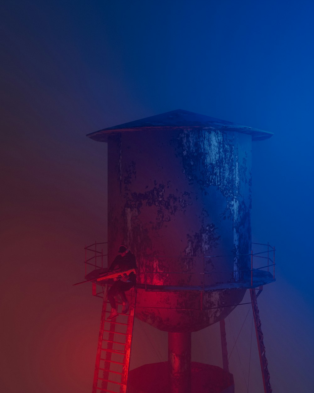 a red and blue photo of a water tower