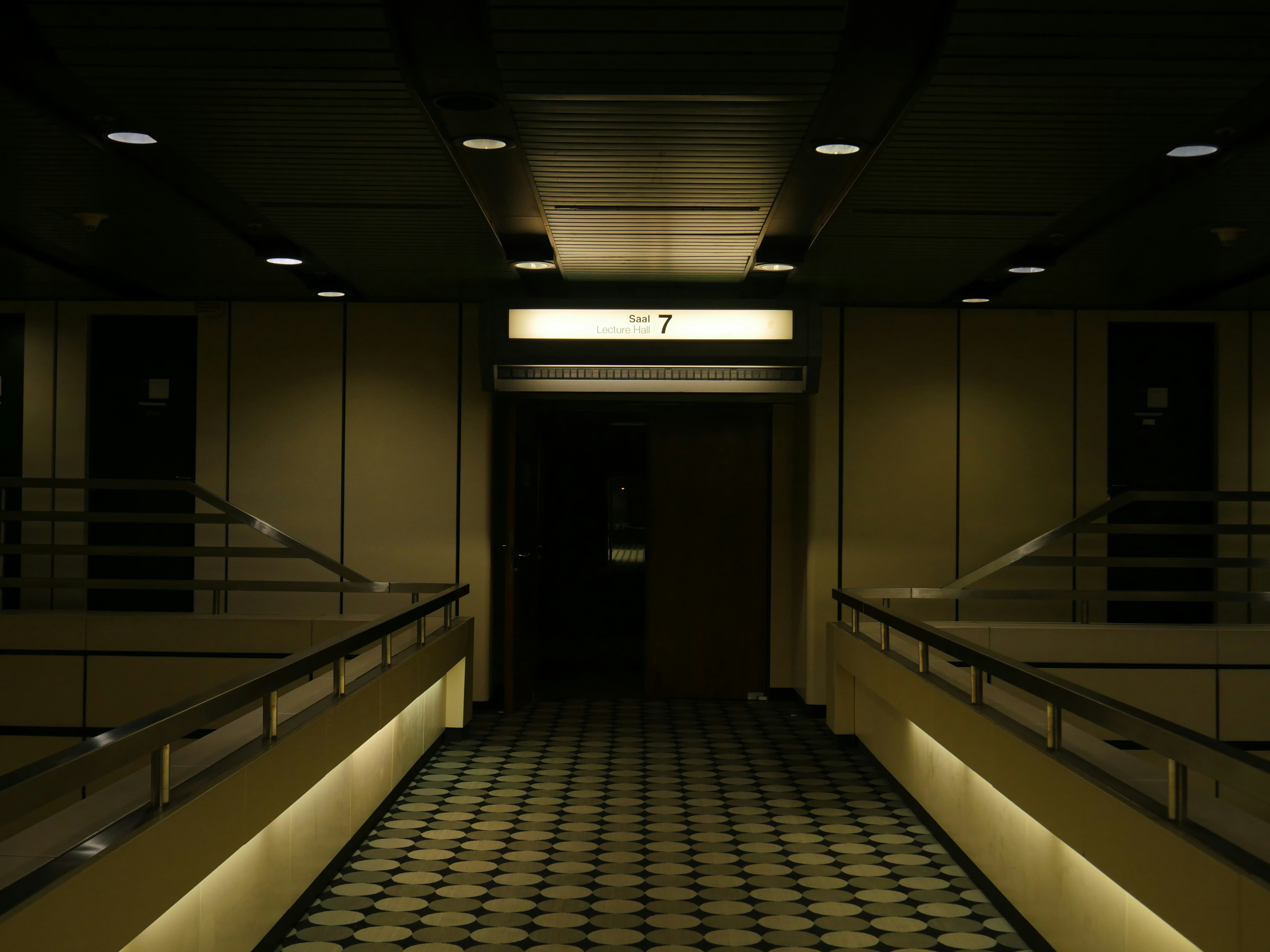 a dimly lit hallway with a checkered floor