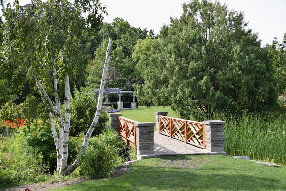 a wooden bridge over a lush green field