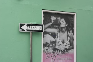 A green wall features a black and white sign with an arrow pointing left, labeled 'TRANSITO'. Next to the sign is an advertisement window display with a black and white image depicting a woman enjoying a forkful of pasta. The poster reads 'Sofias Old San Juan Steaks & Pastas'. The overall setting combines elements of traffic signage with a food advertisement.