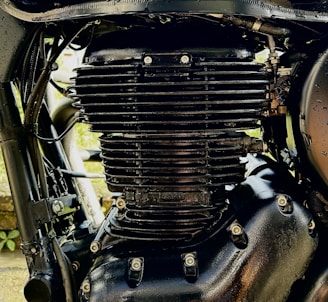 A close-up of a motorcycle's intricate engine details.